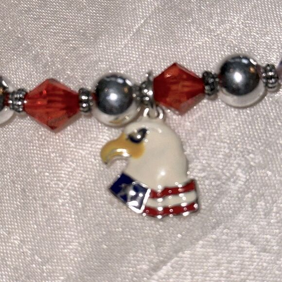 Red, White, Blue & Silver Patriotic Charm Stretch Beaded Bracelet - Picture 6 of 7